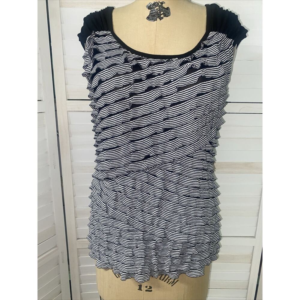 AB Studio Black White Sleeveless Ruffle Front Blouse Poly Blend Large